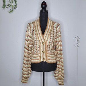 BROWN-WHITE-PINK V NECK KNITTED CROPPED SWEATER FOR WOMEN